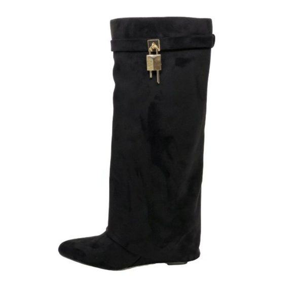 BLACK TALL SUEDE WEDGE BOOT WITH GOLD BUCKLE DETAIL - Picture 1 of 4